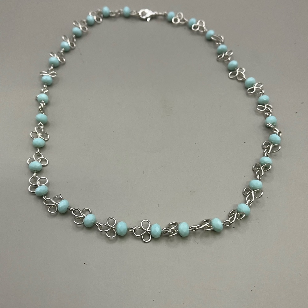 Silver and Aqua Beaded Necklace with Decorative Sterling Silver Elements